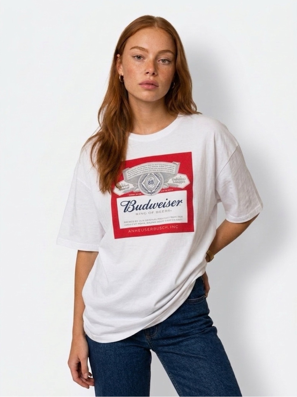 Budweiser King of Beer Large Graphic Tee T-Shirt White Y2K Fashion Cotton Top